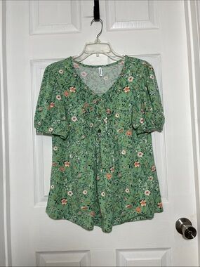 Findsweet Green Floral V-Neck Babydoll Blouse